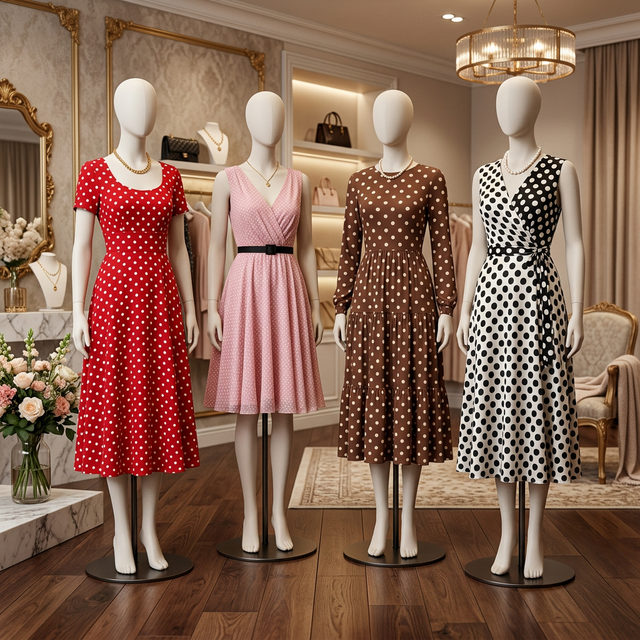 High-fashion photography of a classic black and white polka dot midi dress with a cinched waist and vintage aesthetic.